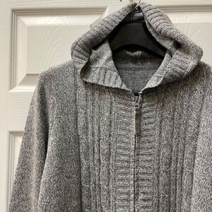 Women's Mixed Ribbed Gray Marled Cable Knit Full-Zip Hooded Cardigan (approx. L)